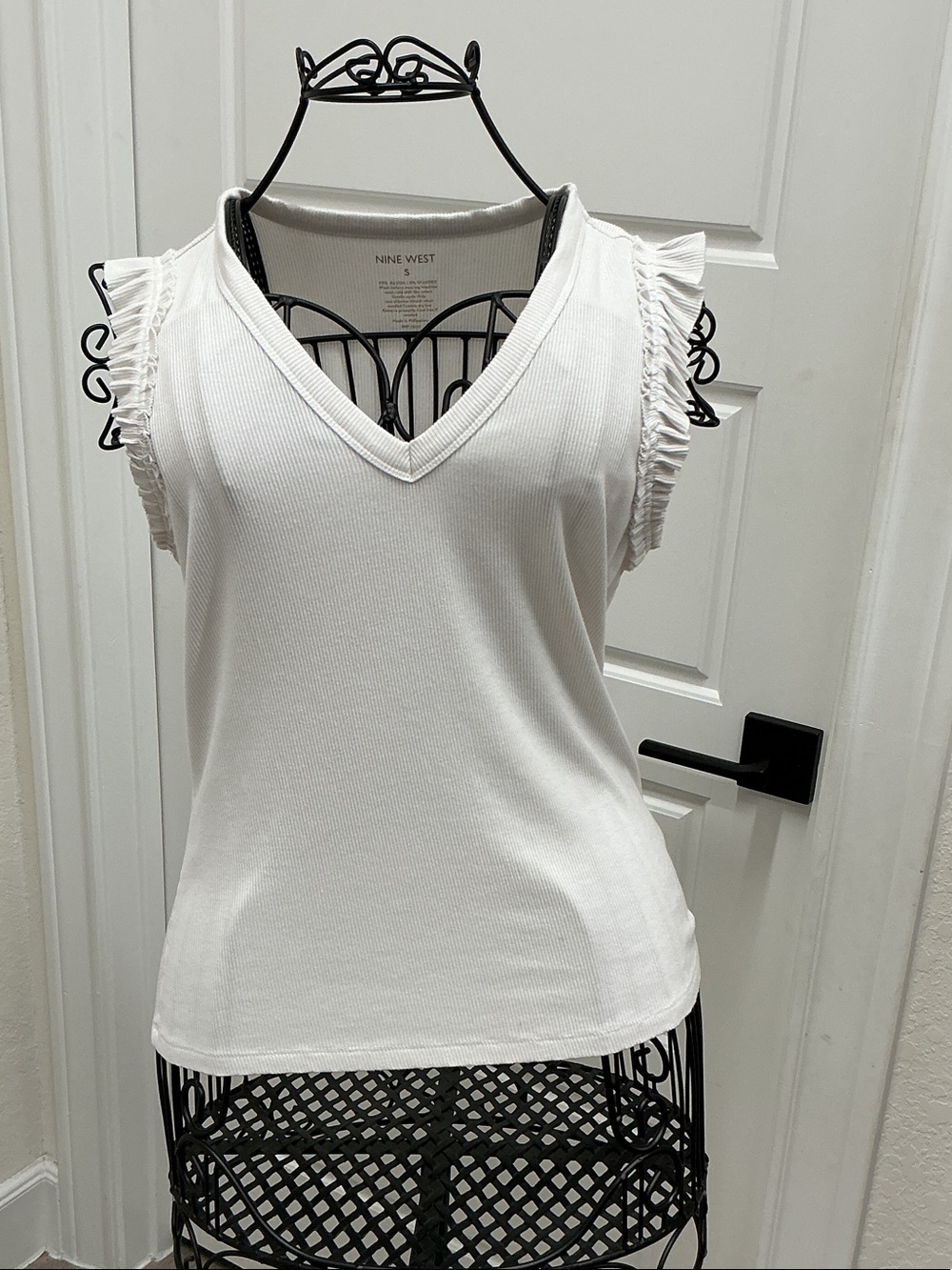 Nine West White V-Neck Tank with Ruffle Cap Sleeves